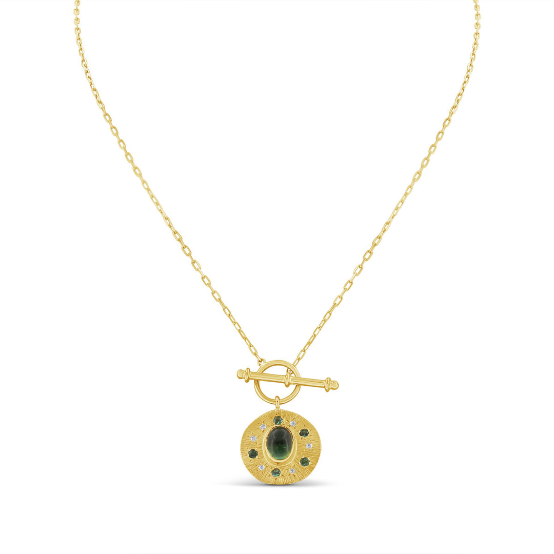 Fob Chain with Green Cebuchon Tourmaline & Damond Disk Necklace