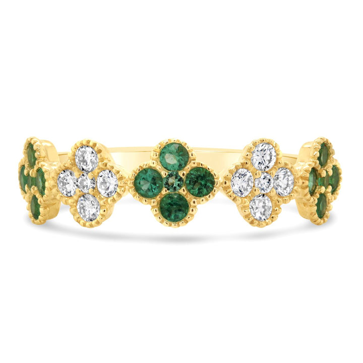 Diamond & Emerald Flower Band with Milgrain Details - RN5424Y14E1 - The Diamond Guys