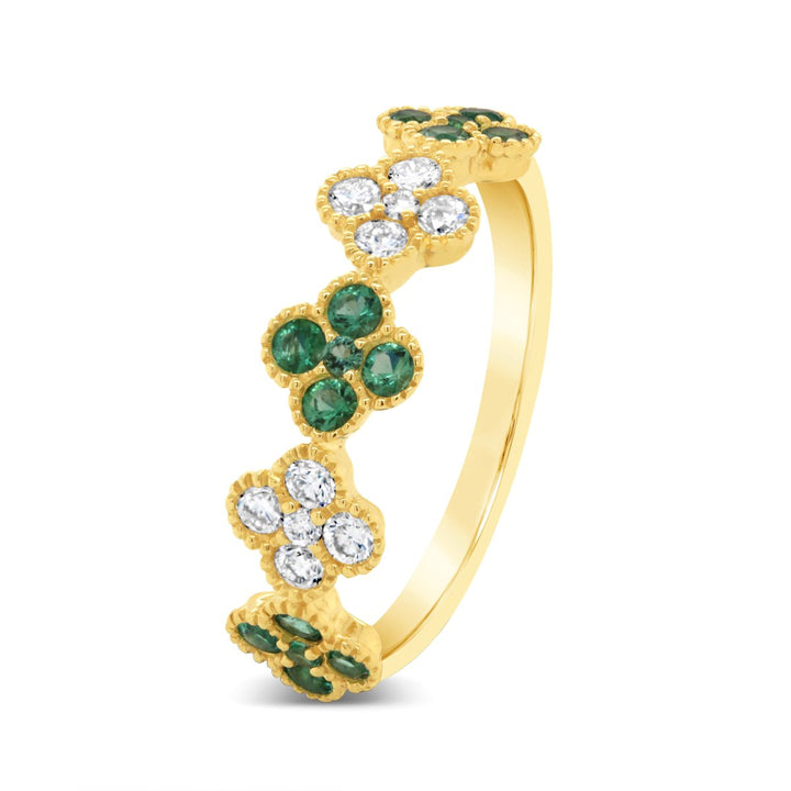 Diamond & Emerald Flower Band with Milgrain Details - RN5424Y14E1 - The Diamond Guys