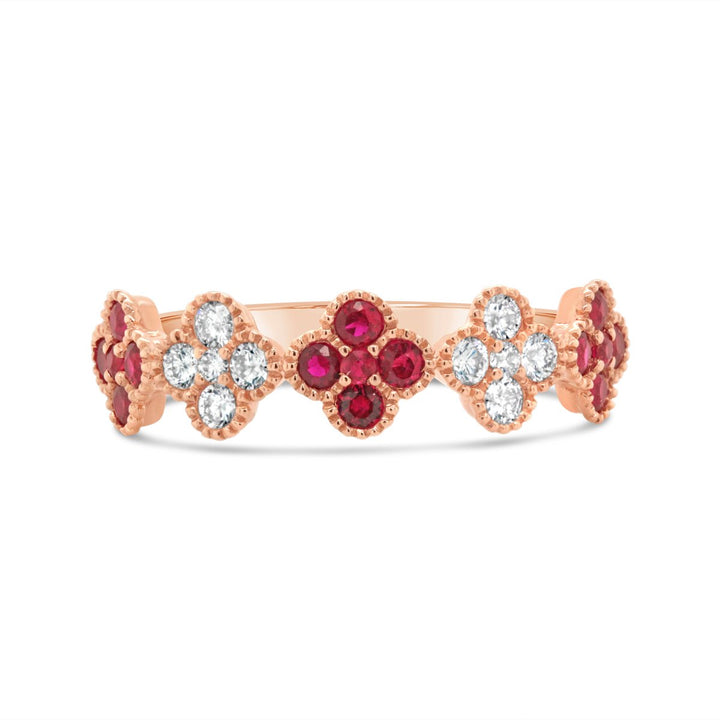 Rose Gold Diamond & Ruby Flower Band with Milgrain Details - RN5424P14R1