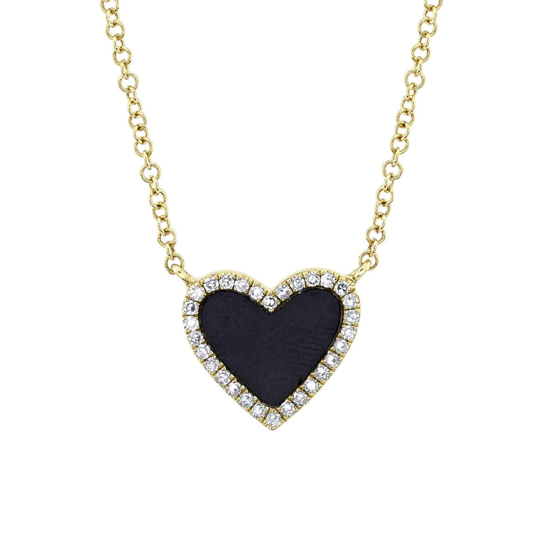 14K Yellow Gold  Shy Creation Diamond & Onyx Heart Necklace - The Diamond Guys