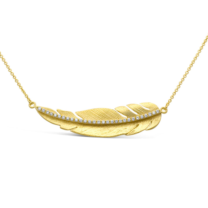 Yellow Gold Diamond Horizontal Feather Necklace - MDG5348