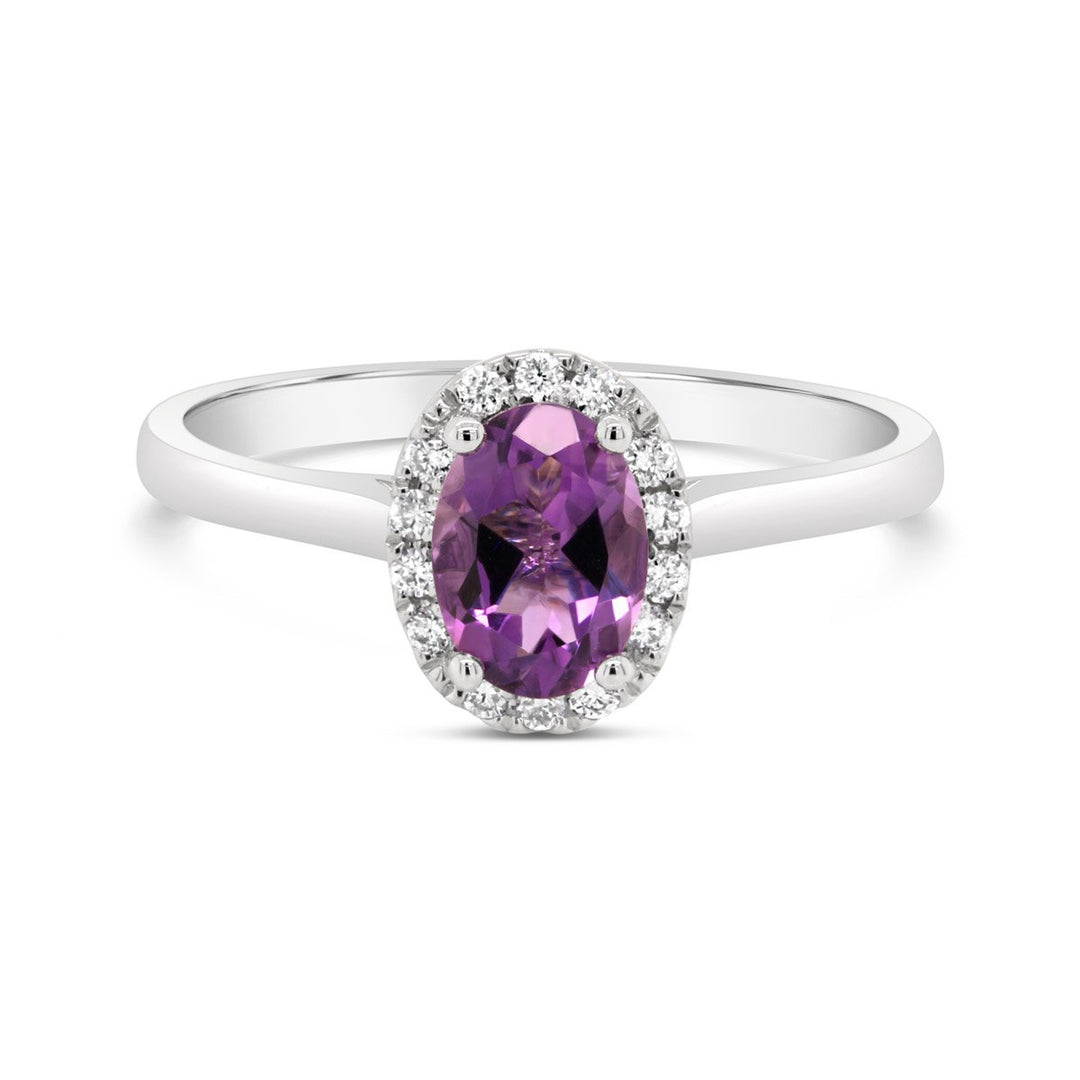 White Gold Diamond & Amethyst Halo Ring - The Diamond Guys