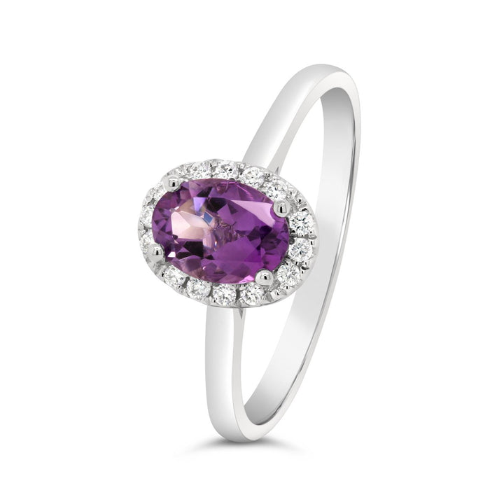 White Gold Diamond & Amethyst Halo Ring - The Diamond Guys