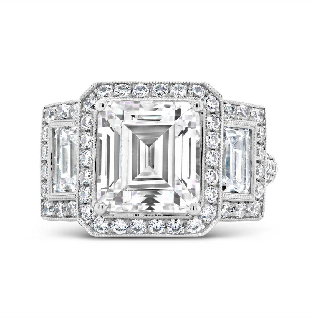 Three Stone Halo Diamond Engagement Ring