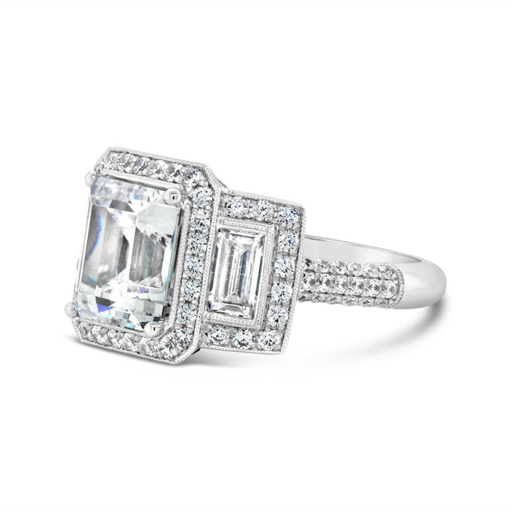 Three Stone Halo Diamond Engagement Ring