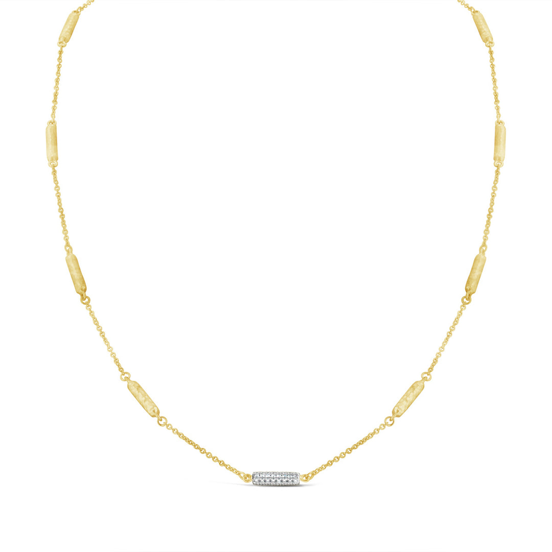 Hammered Finish Station Necklace w/ Pave Diamond Detail
