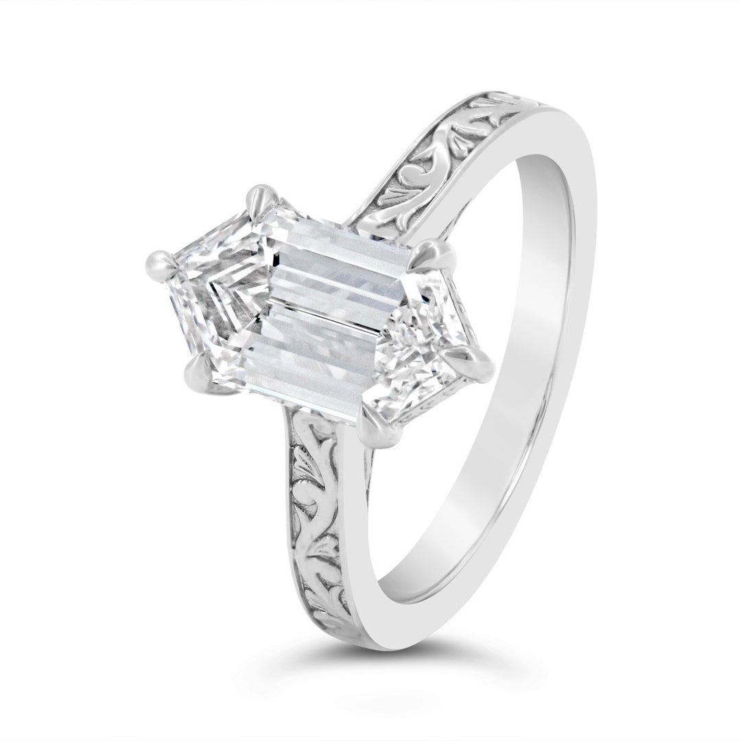 Lab Grown Hexagonal Diamond Engagement Ring with Engraved Finish