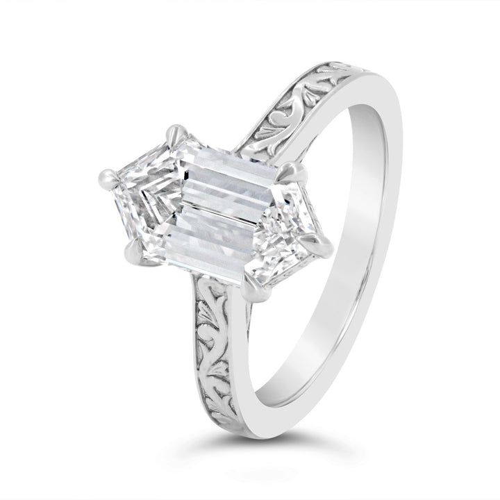Lab Grown Hexagonal Diamond Engagement Ring with Engraved Finish