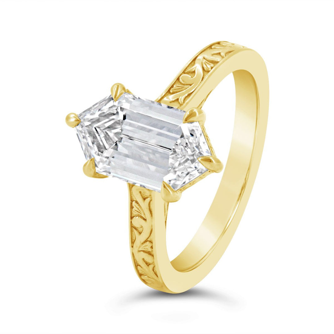 Lab Grown Hexagonal Diamond Engagement Ring with Engraved Finish
