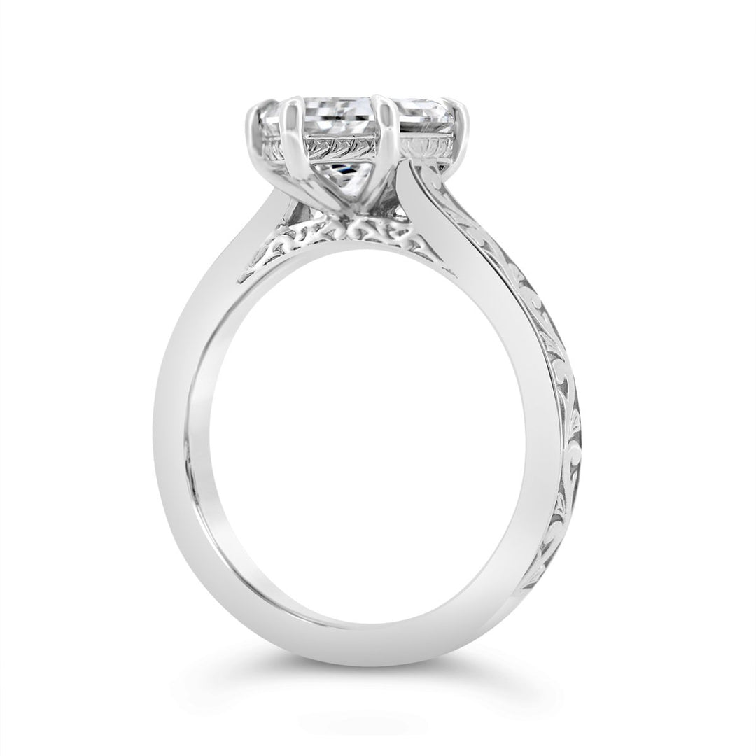 Lab Grown Hexagonal Diamond Engagement Ring with Engraved Finish