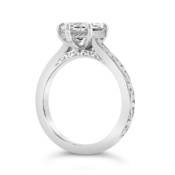 Lab Grown Hexagonal Diamond Engagement Ring with Engraved Finish
