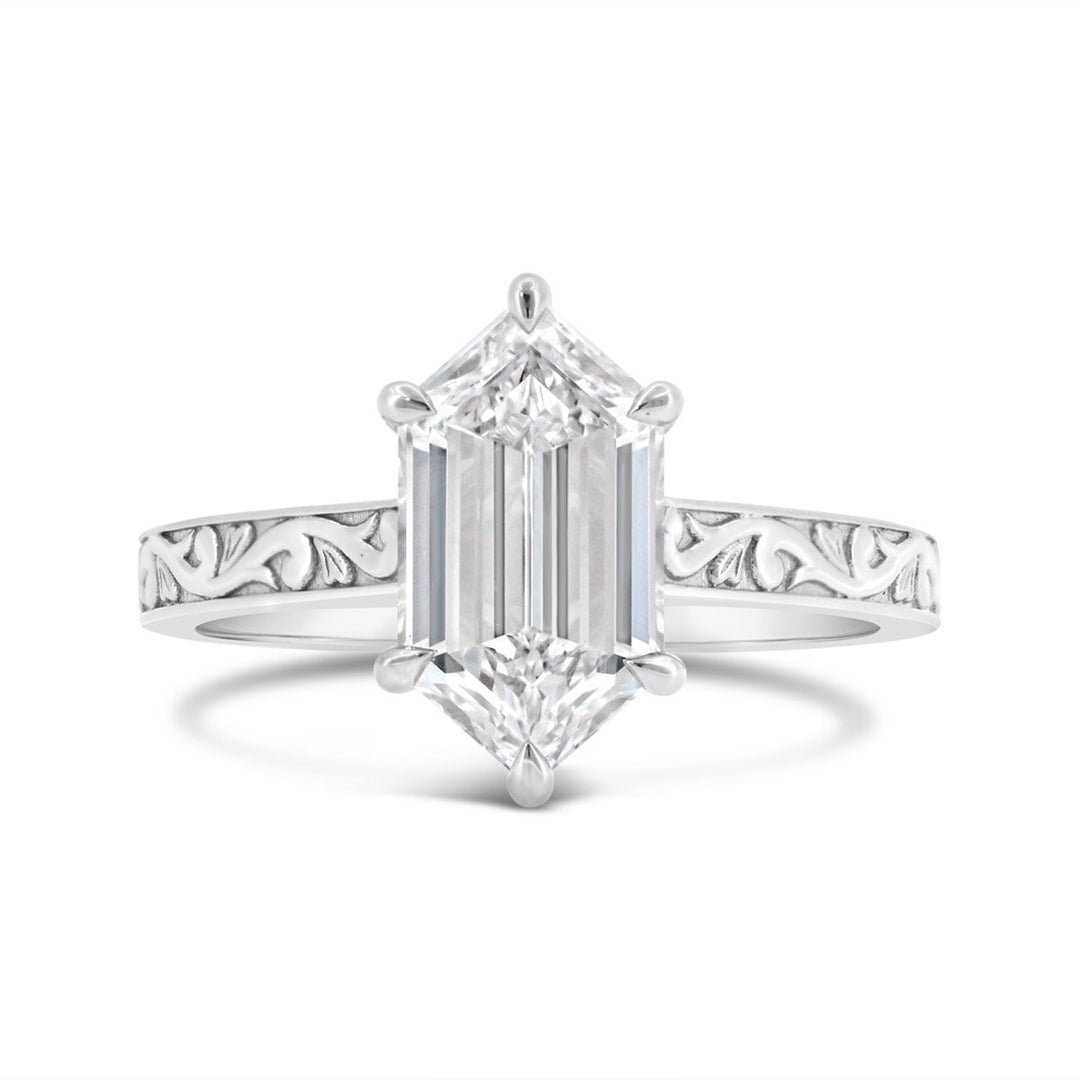Lab Grown Hexagonal Diamond Engagement Ring with Engraved Finish