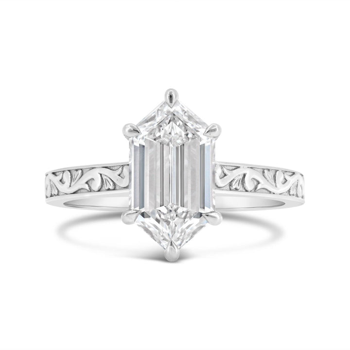 Lab Grown Hexagonal Diamond Engagement Ring with Engraved Finish