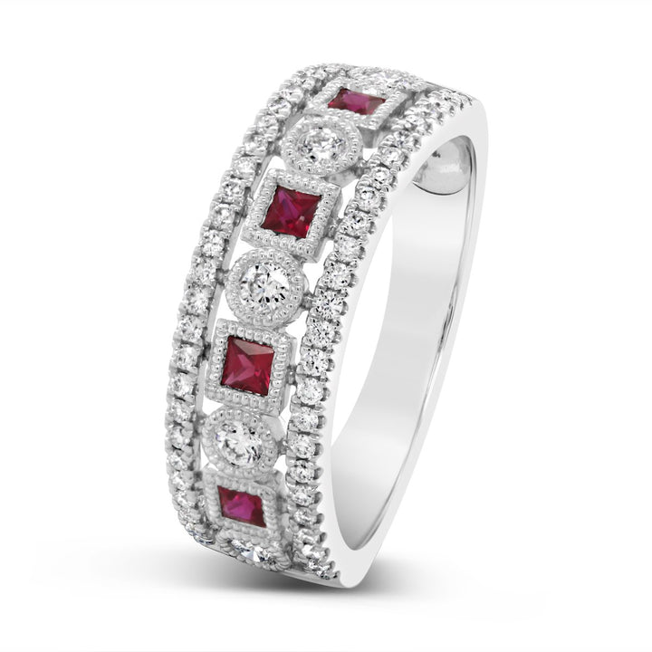 White Gold Diamond & Ruby Wide Band with Milgrain Detail - ARD2821RU