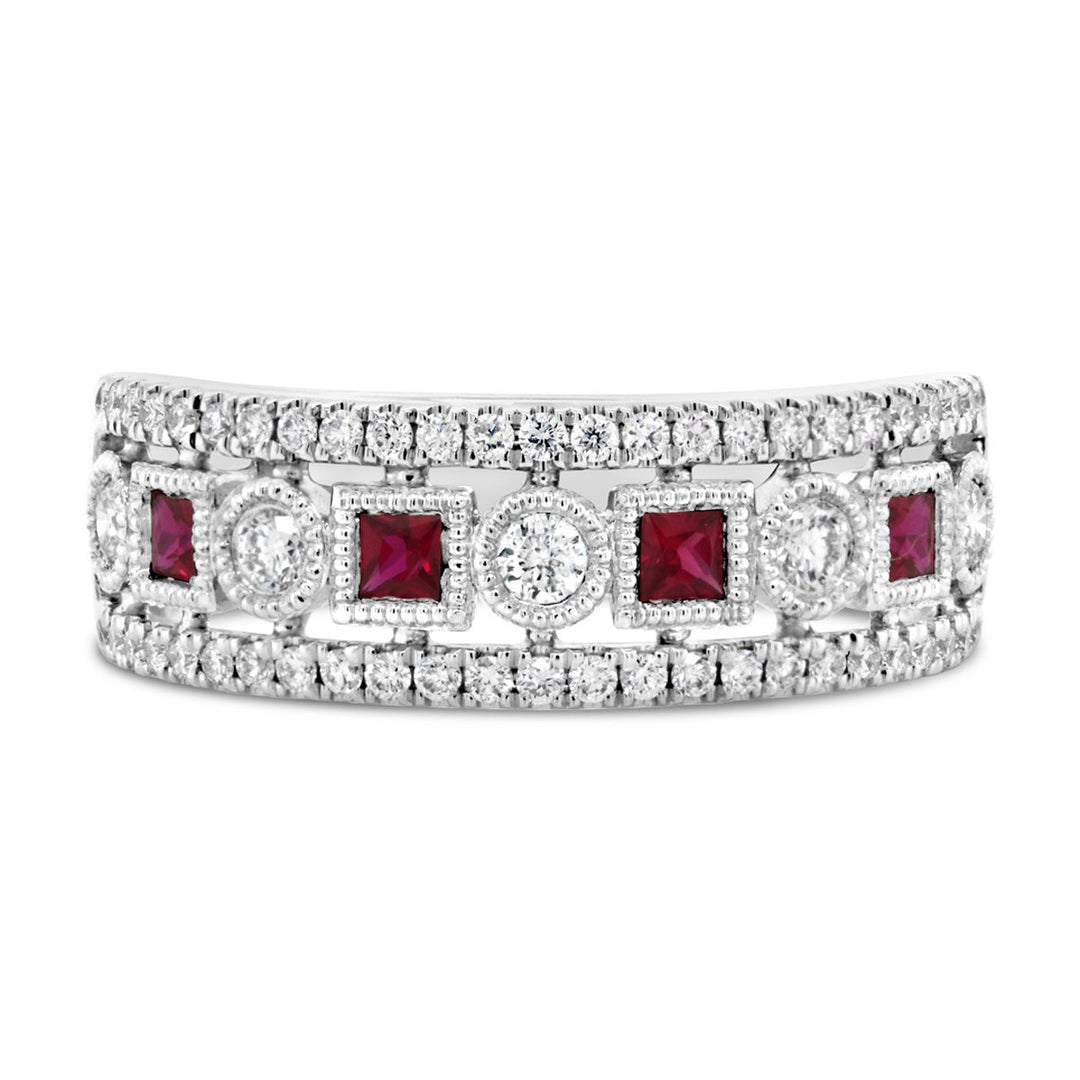 White Gold Diamond & Ruby Wide Band with Milgrain Detail - ARD2821RU