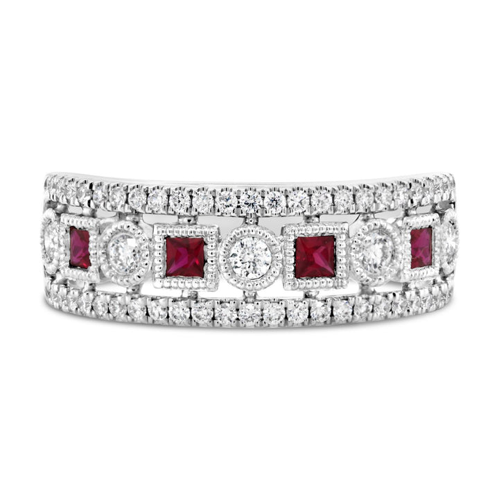 White Gold Diamond & Ruby Wide Band with Milgrain Detail - ARD2821RU
