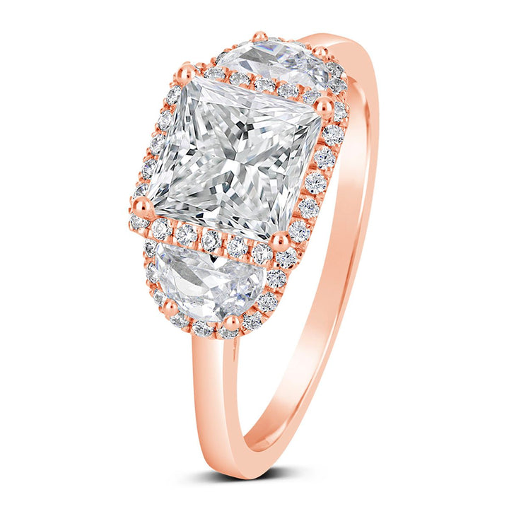 Three Stone Diamond Halo Engagement Ring