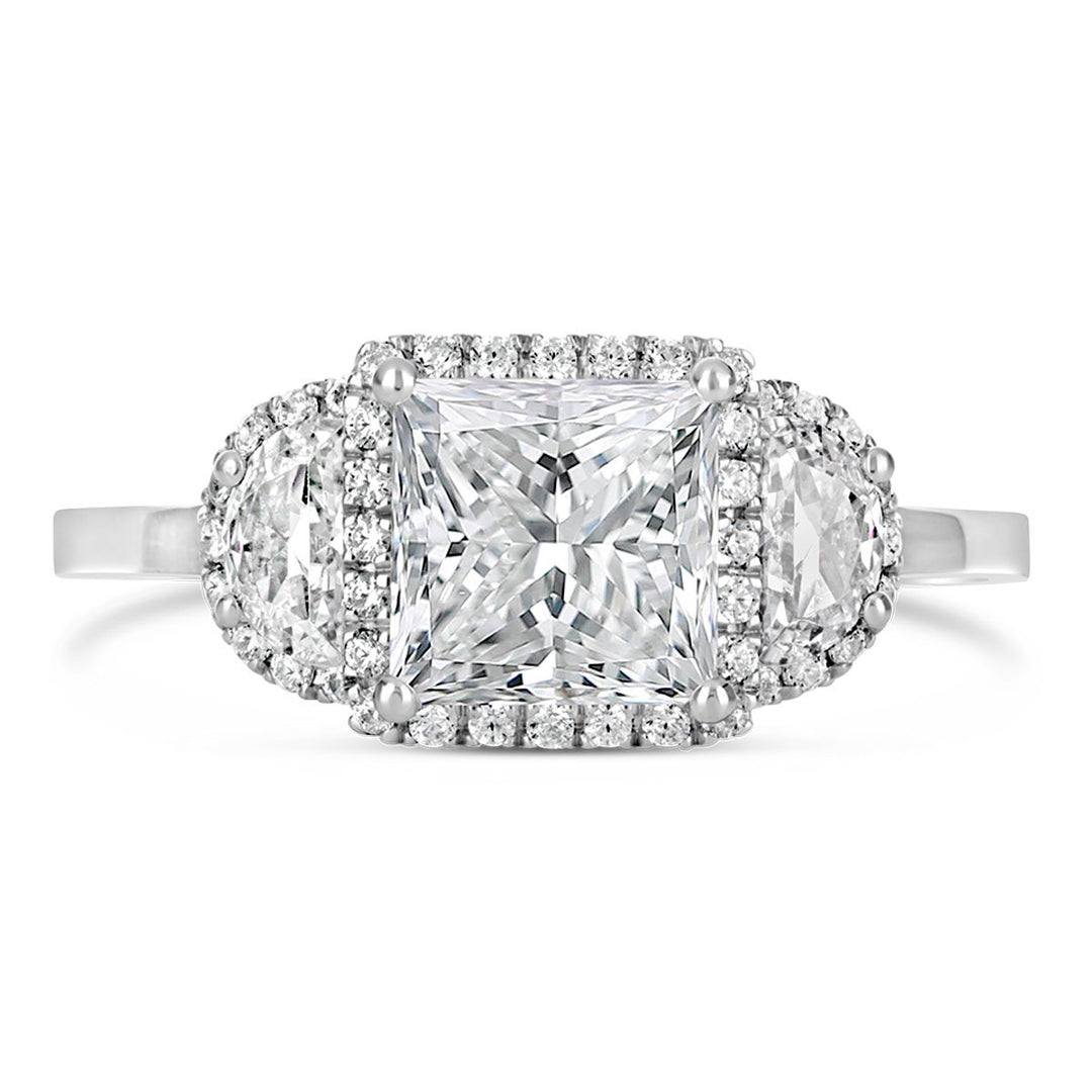 Three Stone Diamond Halo Engagement Ring