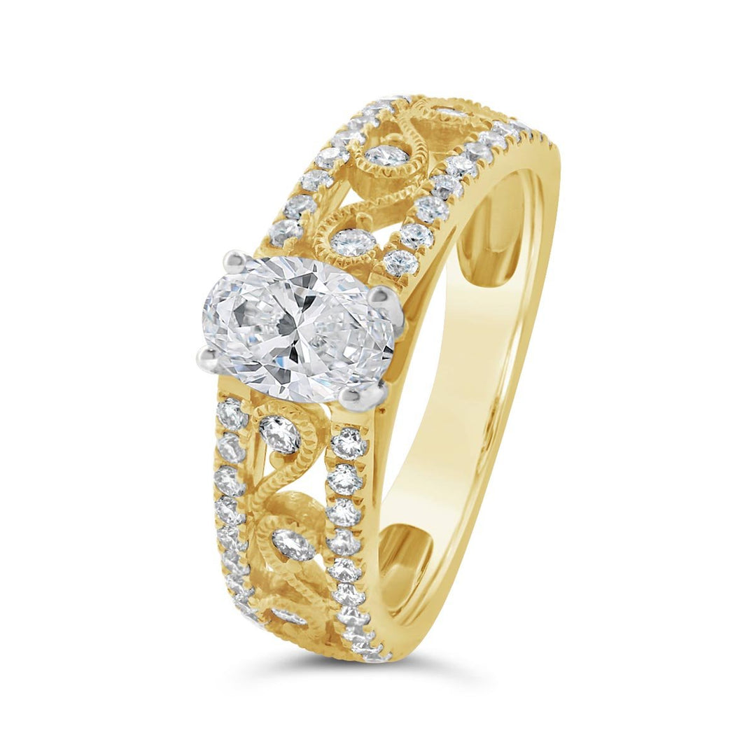 Wide Diamond Engagement Ring with Engraving Detail