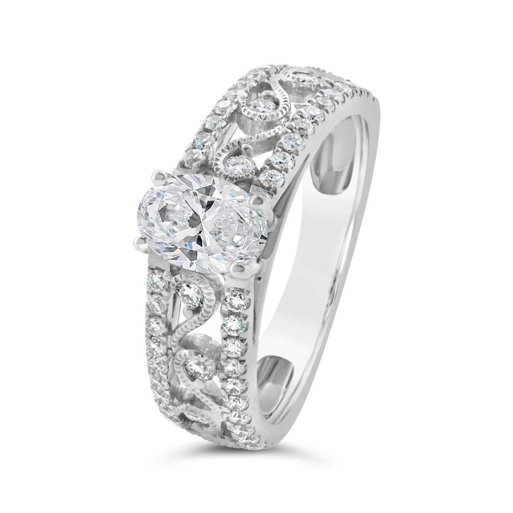 Wide Diamond Engagement Ring with Engraving Detail