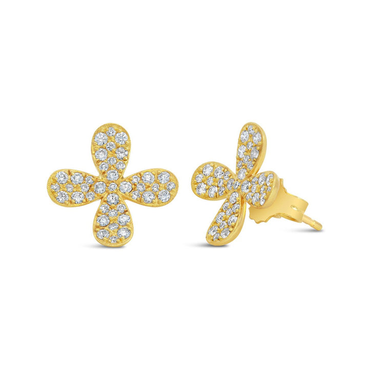 Yellow Gold Four Petal Flower Pave Diamond Earrings - MDG8825