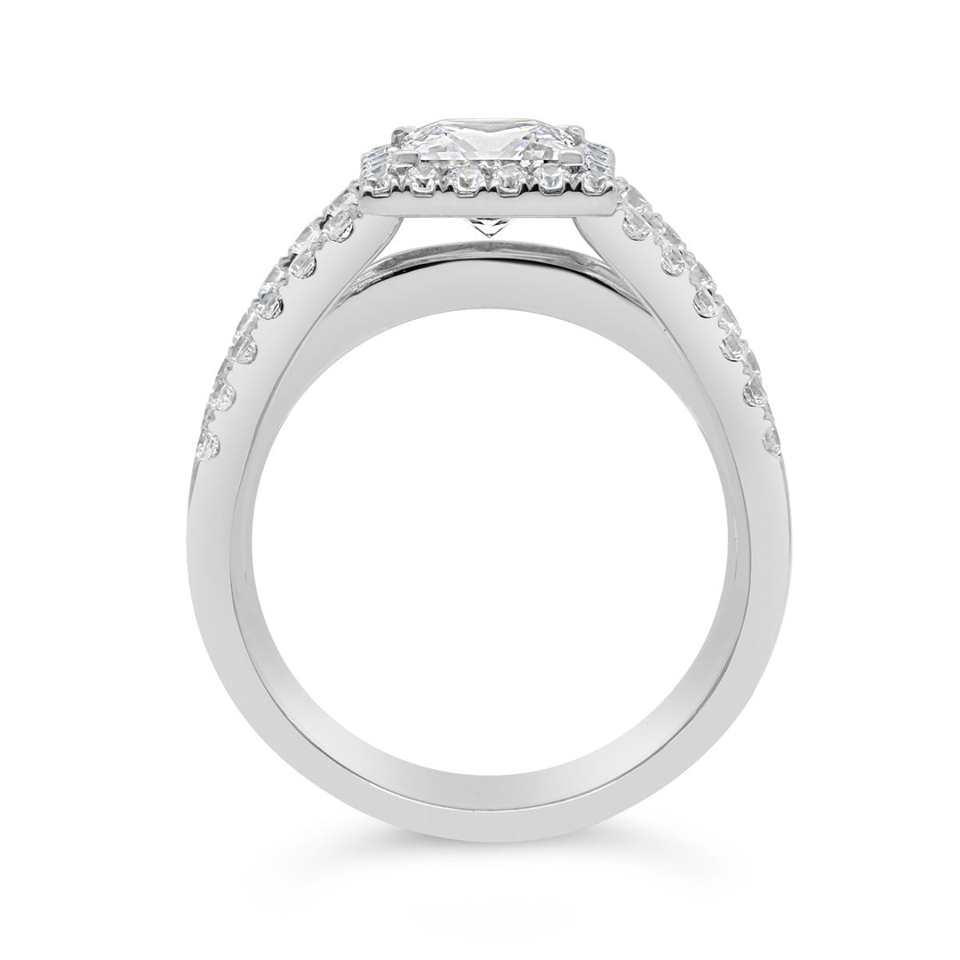 Split Shank Diamond Engagement Ring with Halo and Baguettes - The Diamond Guys