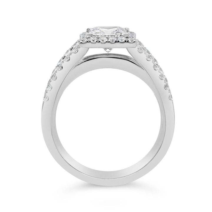 Split Shank Diamond Engagement Ring with Halo and Baguettes - The Diamond Guys