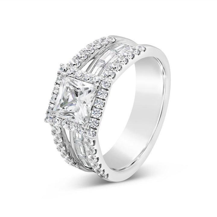 Split Shank Diamond Engagement Ring with Halo and Baguettes - The Diamond Guys