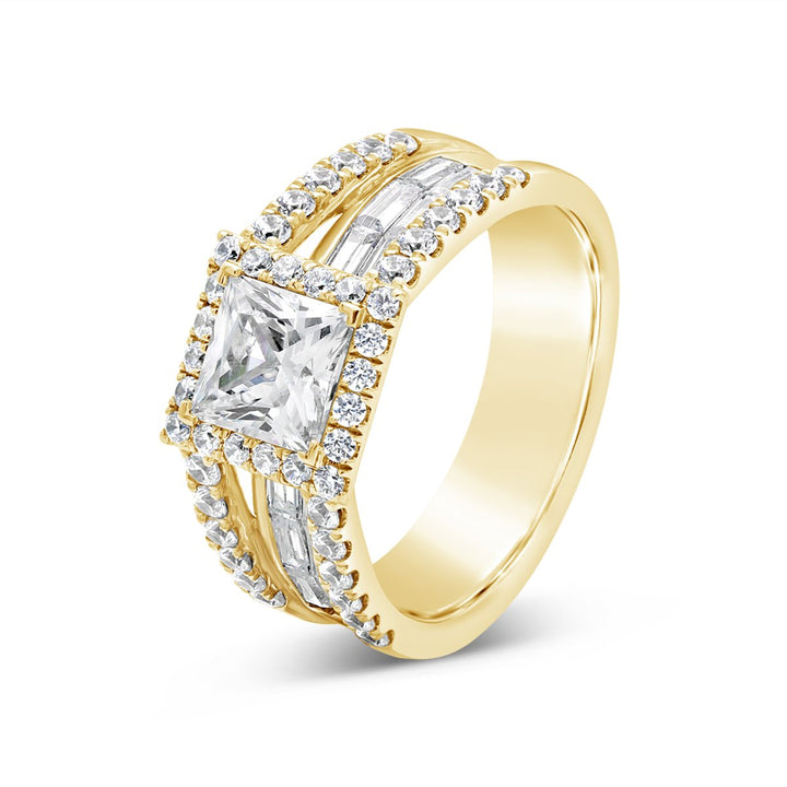 Split Shank Diamond Engagement Ring with Halo and Baguettes - The Diamond Guys