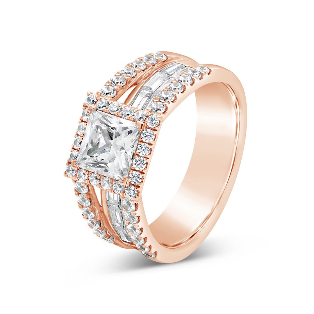 Split Shank Diamond Engagement Ring with Halo and Baguettes - The Diamond Guys