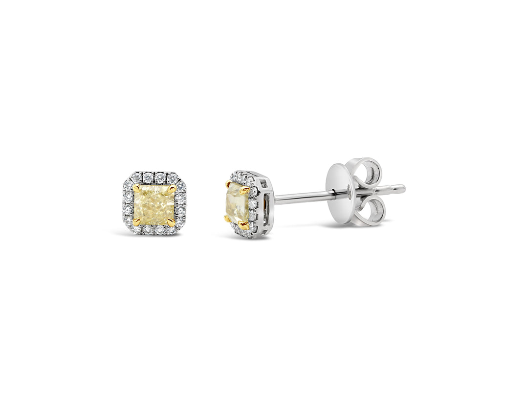 White Gold & Yellow Gold Diamond & Yellow Diamond Halo Earrings - YJC1221E - The Diamond Guys