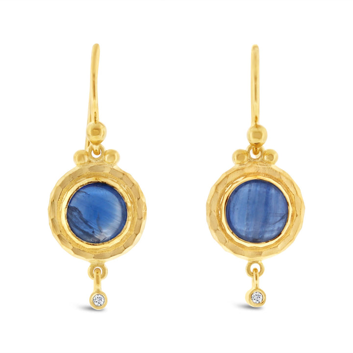 Round Cebuchon Kyanite & Diamond Dangling Earring w/ Hammered Finish Bezel Set
