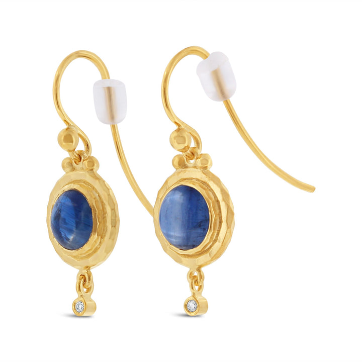 Round Cebuchon Kyanite & Diamond Dangling Earring w/ Hammered Finish Bezel Set