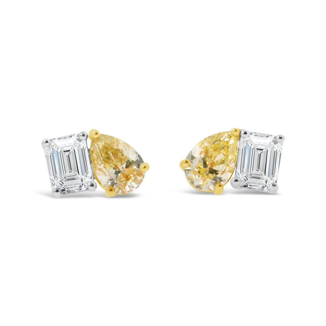 Yellow Pears & White Emerald Cut Diamond Studs - AE4406