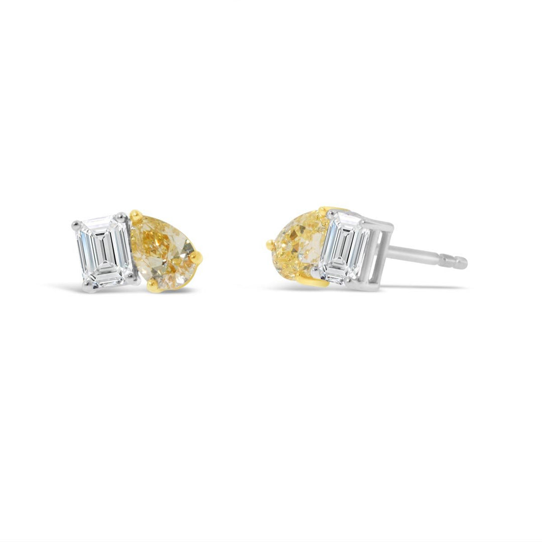 Yellow Pears & White Emerald Cut Diamond Studs - AE4406