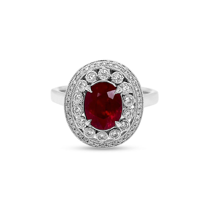 White Gold Diamond Halo Vinatge Style Ring with Ruby Center - SNR0320R
