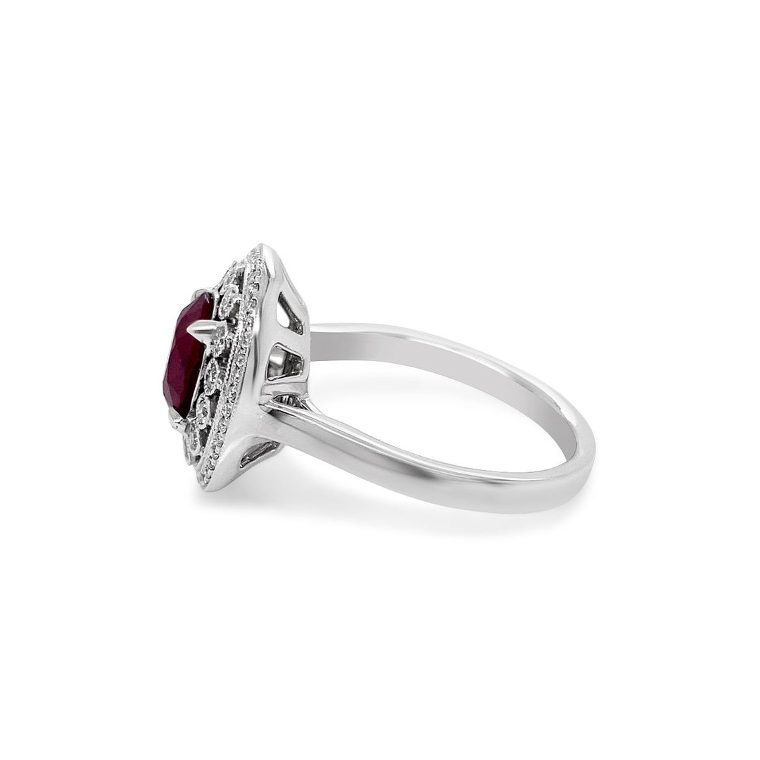 White Gold Diamond Halo Vinatge Style Ring with Ruby Center - SNR0320R