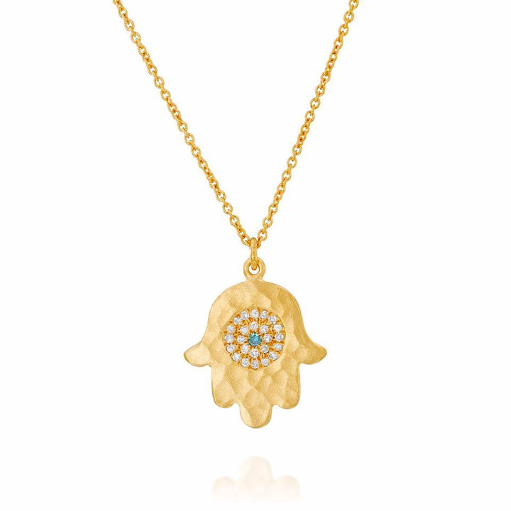 Yellow Gold Hammered Finshed Diamond Hamsa Necklace - MDG6282