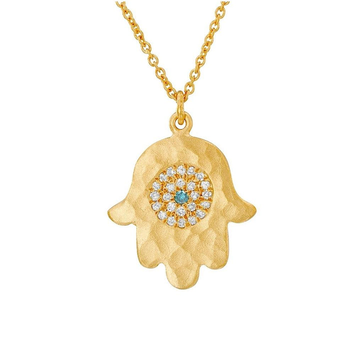 Yellow Gold Hammered Finshed Diamond Hamsa Necklace - MDG6282