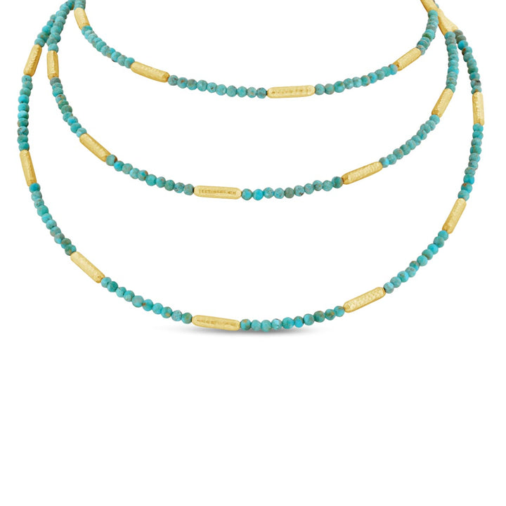 Opera Length Station Necklace w/ Faceted Tourquise Beads & Hammered Finish Yellow Gold