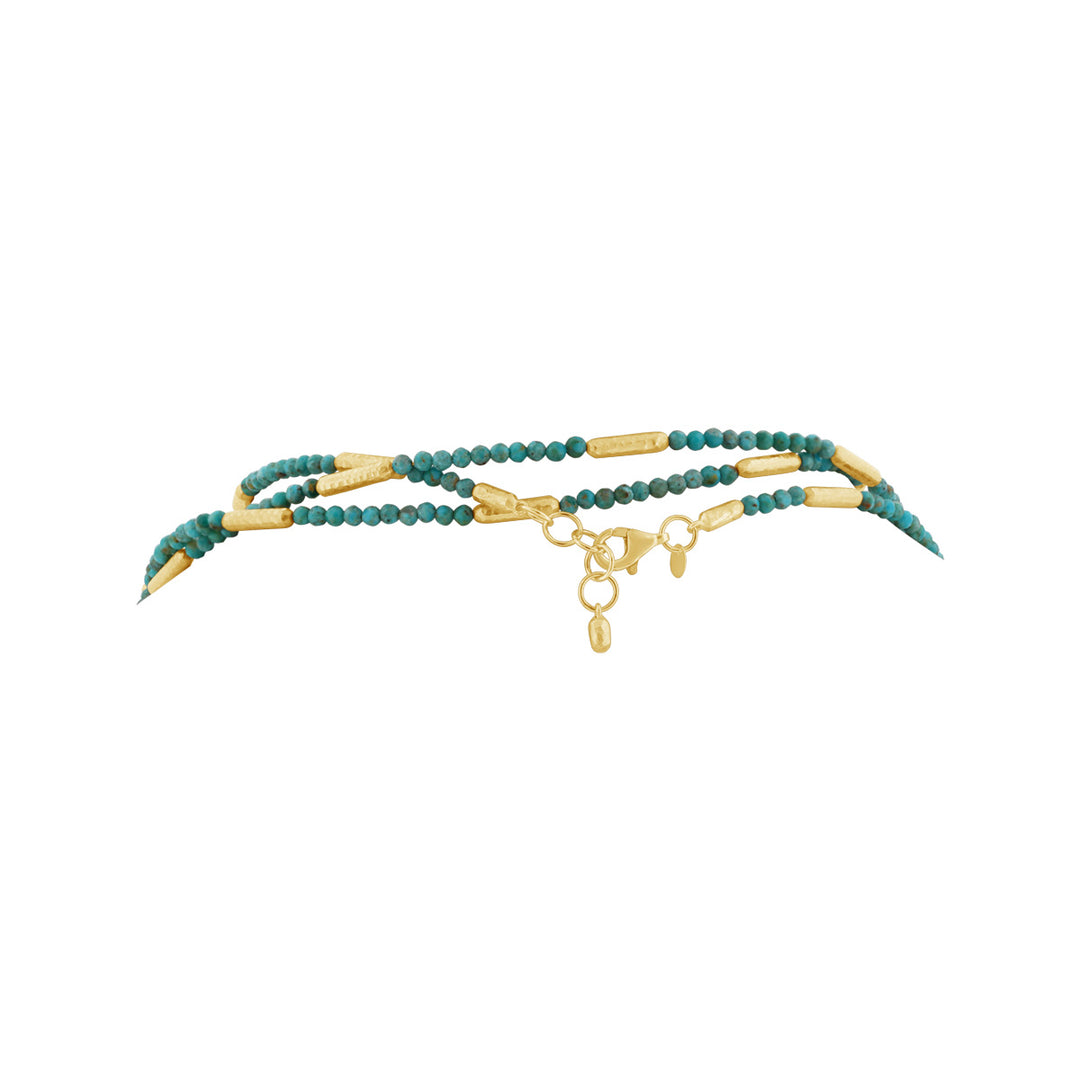 Opera Length Station Necklace w/ Faceted Tourquise Beads & Hammered Finish Yellow Gold