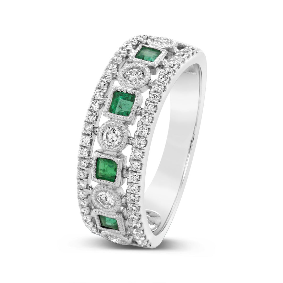 White Gold Diamond & Emerald Wide Band with Milgrain Detail - ARD2821EM - The Diamond Guys
