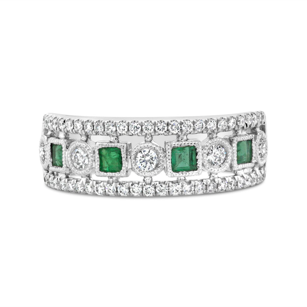 White Gold Diamond & Emerald Wide Band with Milgrain Detail - ARD2821EM - The Diamond Guys