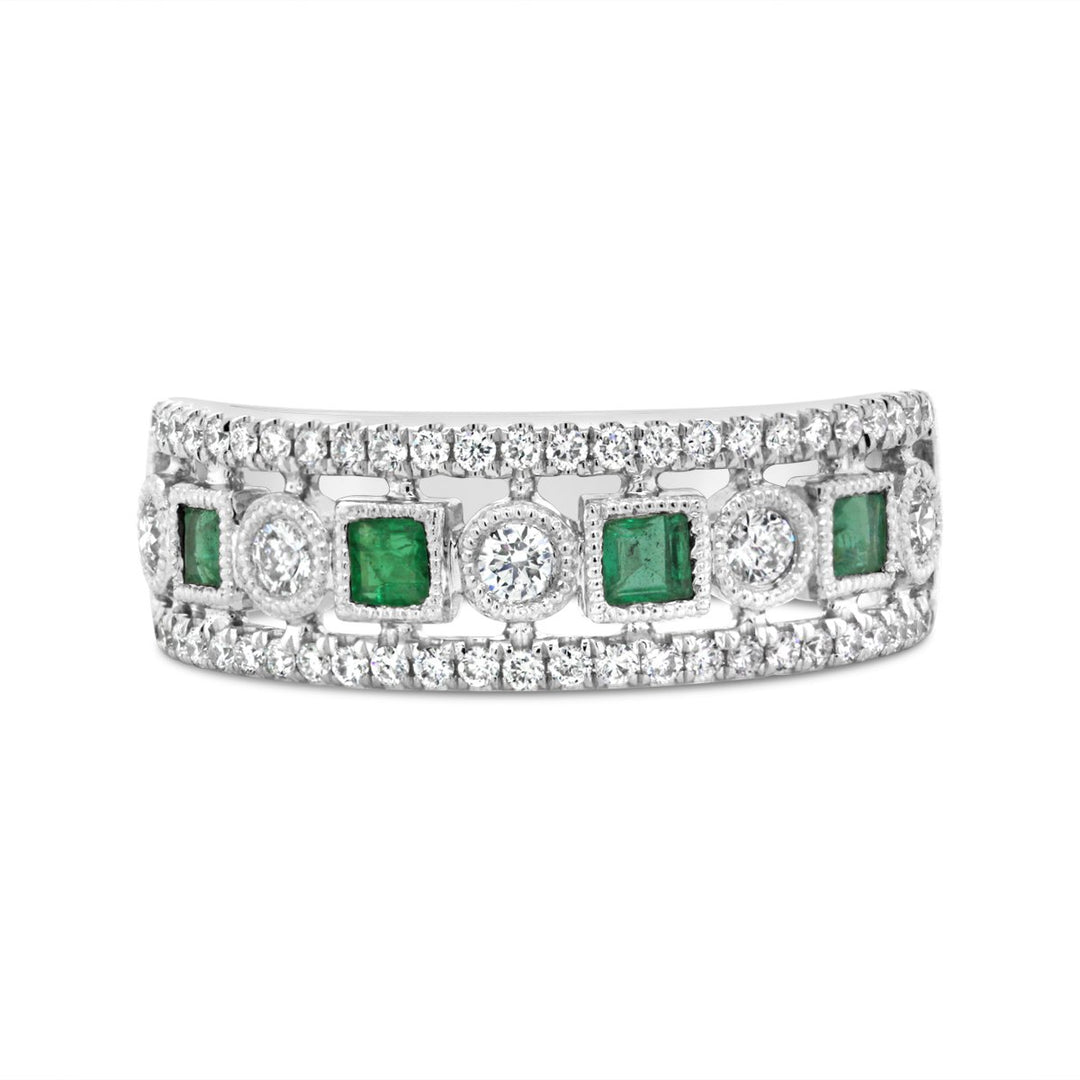 White Gold Diamond & Emerald Wide Band with Milgrain Detail - ARD2821EM - The Diamond Guys