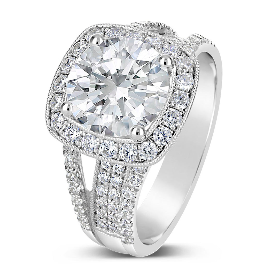 Wide Band Diamond Halo Engagement Ring