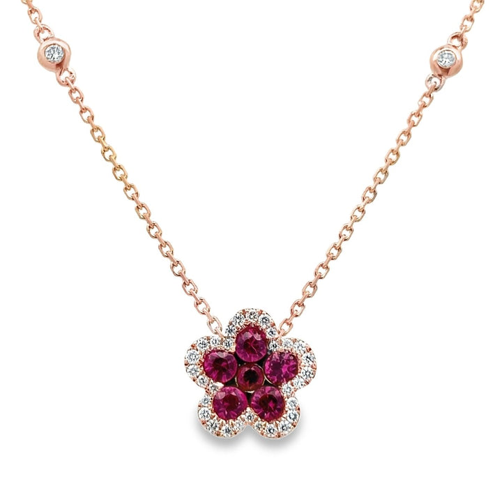 Rose Gold Diamond & Ruby Flower Necklace - PT2240P14R1