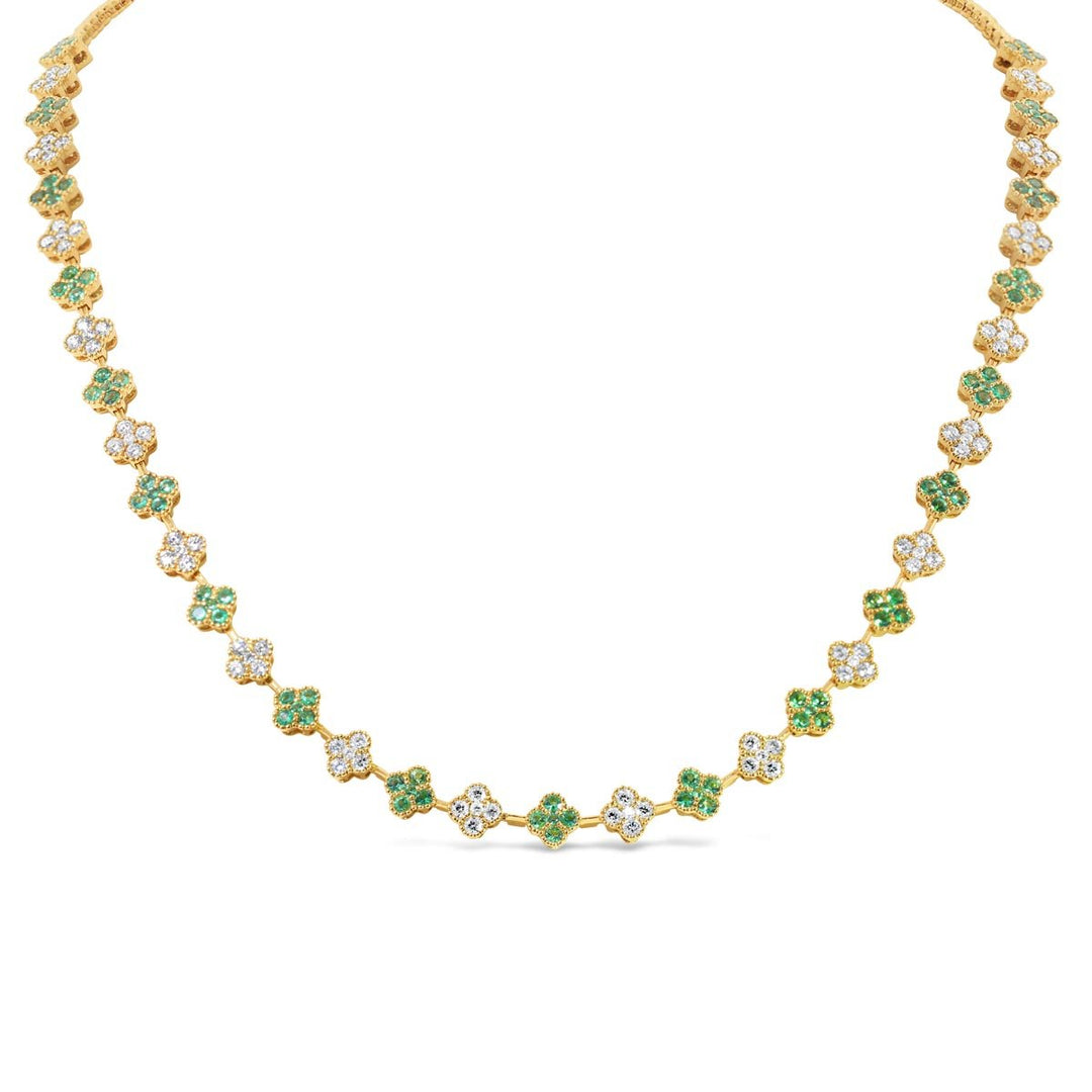 Diamond & Emerald Flower Link Necklace - NE0719-Y-E - The Diamond Guys