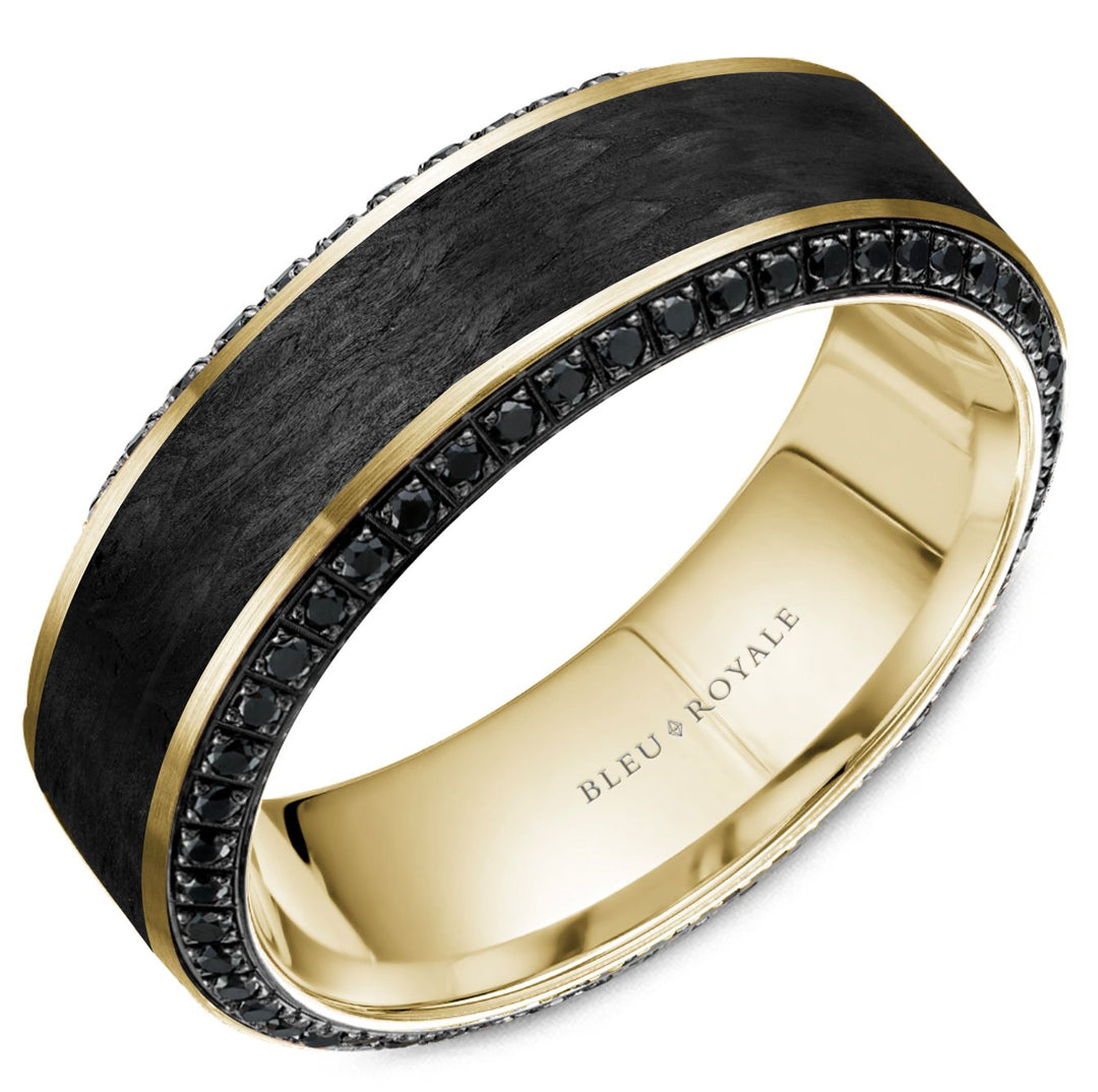 White Gold and Carbon Fiber Bleu Royale Men's 7.50mm Wide Wedding Band with Black Diamonds - RYL-217YBD75