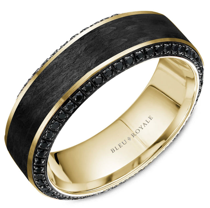 White Gold and Carbon Fiber Bleu Royale Men's 7.50mm Wide Wedding Band with Black Diamonds - RYL-217YBD75